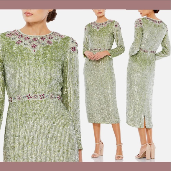 NEW $598 Mac Duggal [ 18‎ ] Floral Beaded Tea Length Dress in Sage Green - Picture 1 of 15